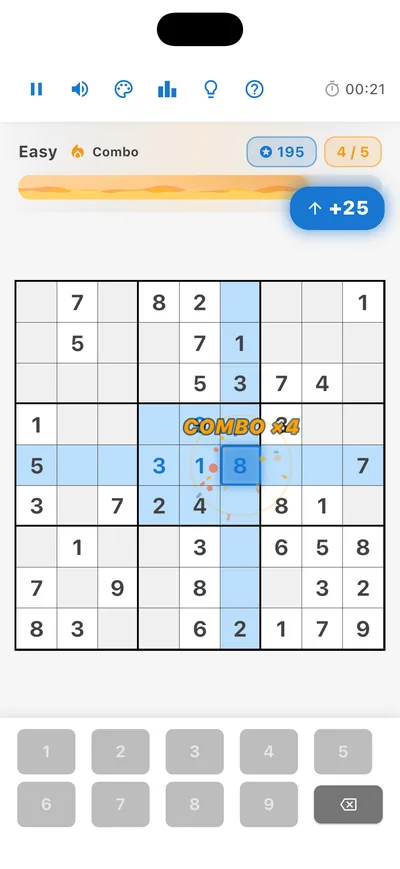 An Easy board mid-combo with a COMBO burst over the filled cell