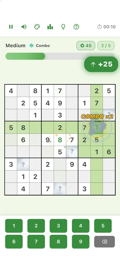 A Medium board where several cells are hidden under fog, showing question marks