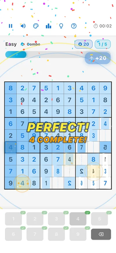 Confetti and a PERFECT! banner as the board is solved